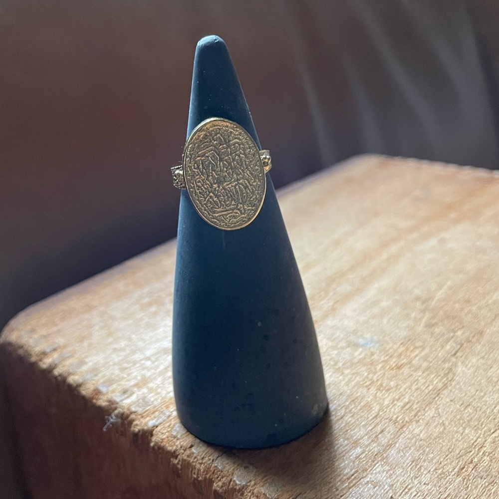 Engraved ID signet oval ring w design gold boho brass adjustable - Picture 3 of 7